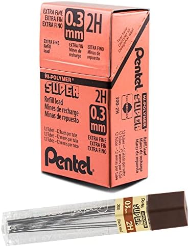 Pentel Super Hi-Polymer Lead Refill (0.3mm) Extra Fine, 2H, 12 pcs/Tube, Box of 12 (300-2H)
