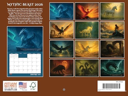 Mythic Beasts Calendar 2026 Wall 12 Month | American Made In The USA