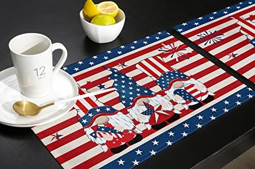4th of July Patriotic Placemats Set of 6-Stripes and Stars American Flag Gnomes Heat Resistant Placemat Washable Cotton Linen Table Mats Memorial Day Party Holiday Decorations for Kitchen Dining Table