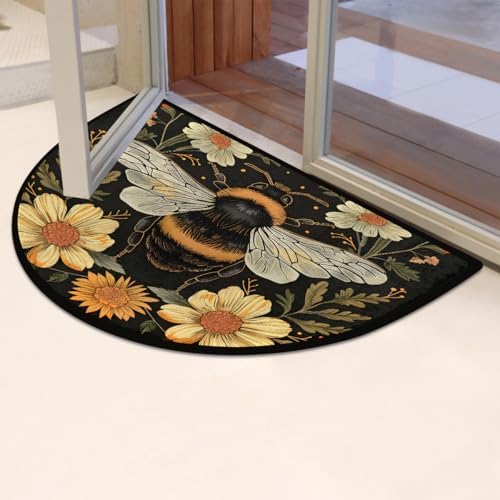 Half Round Door Mat Bee Flower Animal Non Slip Washable Semi Circle Area Rug Absorbent Soft Half Moon Rug Floor Mat for Indoor Outdoor Kitchen Bathroom Patio Front Door Mat Decor
