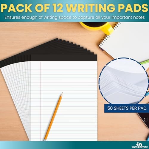 1InTheOffice Writing Pads 8.5 x 11 Inch, Wide Ruled Note Pads, Letter Size Writing Tablets, White Perforated Notepads, 50 Sheets Per Pad, 12 Pack