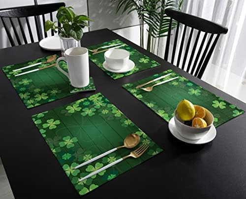 St. Patrick's Day Lucky Clovers Placemats Set of 4, Rustic Vintage Farm Wood Cotton Linen Heat Resistant Table Mats Washable Spring Holidays Decorations for Kitchen Dining Table Green Spring Holiday