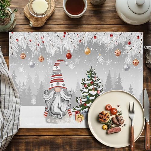Christmas Gnome Placemat 1PC, Winter Merry Christmas Tree Balls Heat Resistant Washable Table Place Mats Grey Cotton Table Linens Party Holiday Decor for Kitchen Dining Outdoor Indoor