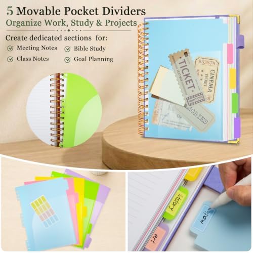 5 Subject Spiral Notebook with Pocket Dividers, 8''x10'' 300 Pages Notebook