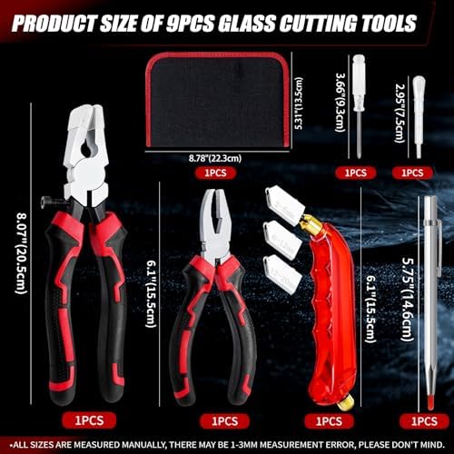 YOTINO Glass Cutting Tools, 9PCS Glass Cutter Glass Running Pliers Breaking Grozer Pliers,Tungsten Scribe Engraving Pen, Oil Feed Glass Cutters Tools Kit for Stained Glass, Tiles, Mosaic Cutting