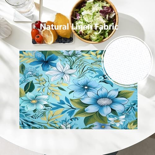 Batmerry Floral Light Blue Linen Placemats Set of 6, Blue Green Floral Washable Table Mats for Kitchen Table Thickened Heat Insulation Dining Set Indoor Outdoor 12X18 in