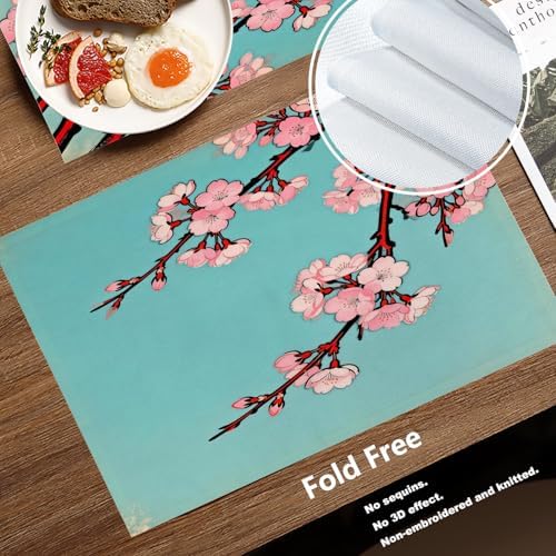 Batmerry Shabby Chic Cherry Blossom Linen Placemats Set of 4, Artistic Floral Illustration Washable Table Mats for Kitchen Table Thickened Heat Insulation Dining Set Indoor Outdoor 12X18 in