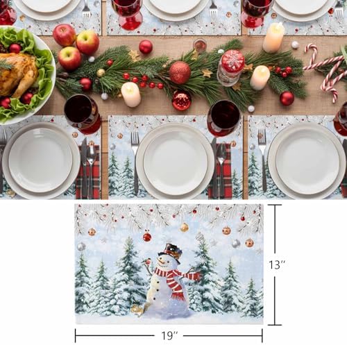 Snowman Placemats Set of 6, Blue Merry Christmas Tree Red Balls Squirrel Heat Resistant Washable Table Place Mats Winter Cotton Table Linens Party Holiday Decor for Kitchen Dining Outdoor Indoor