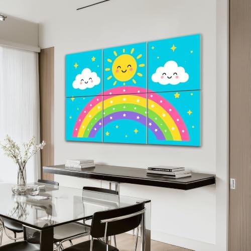 6 Pack Art Acoustic Panels Sound Absorbing Cute Rainbow Smiling Sun Clouds Stars Blue Decorative Soundproof Wall Panels Self Adhesive for Home Recording Studios 72"x48"