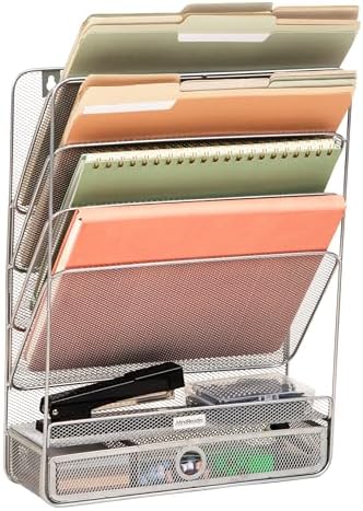 Mind Reader 4-Tier Vertical File Storage, Desktop Organizer, Wall Mount, Office, Metal Mesh, 12.5"L x 4"W x 16.5"H, Silver