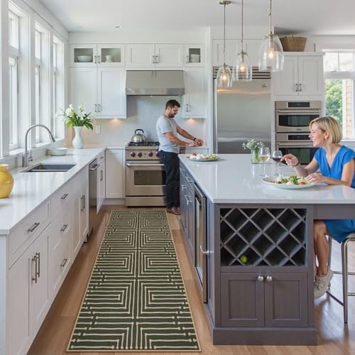 Lahome Maze Line Green Kitchen Runner Rug, 2x8 Outdoor Easy Jute Runner Rug