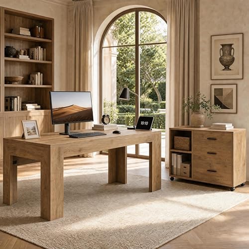 Tribesigns L Shaped Executive Office Desk with Drawers, Light Brown