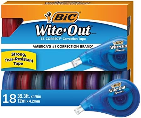 BIC Wite-Out EZ Correct Correction Tape, Tear-Resistant and No Dry Time, 18-Count Pack in White
