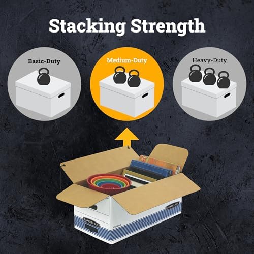 Bankers Box 12-Pack String & Button Medium-Duty File Box, Letter, FastFold | Keep important records buttoned up with secure closure, FastFold setup, reinforced handles, and stackable strength.