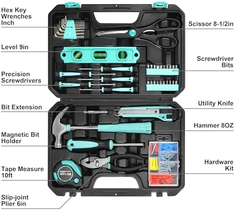 Amazon Basics 142-Piece Household Tool Kit for Home Repair, Hand Tools with Storage Case, 13.39 x 9.25 x 2.95 inch, Turquoise