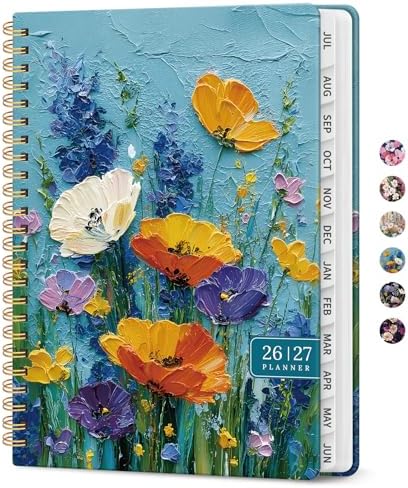 Planner 2026-2027, Jul 2026-Jun 2027 Academic Monthly & Weekly Planner | 6.3" x 8.5" Hardcover Calendar Planner for Women, Spiral Organizer with tabs, School Office Home Supplies, Azure Wildflowers