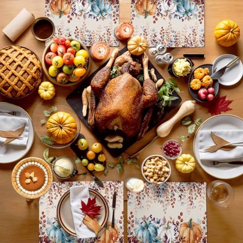 Fall Thanksgiving Placemat, Watercolor Autumn Pumpkins Eucalyptus Leaves Heat Resistant Washable Linen Table Place Mats Party Holiday Decor for Home Kitchen Dining Outdoor Indoor,Blue Orange