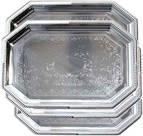 (Pack of 4) Elegant Floral Engraved Serving Tray Chrome Plated Steel Plate Platter Decorative Wedding Birthday Party Shiny Silver Color (Octagonal 20.1" x 13.8")
