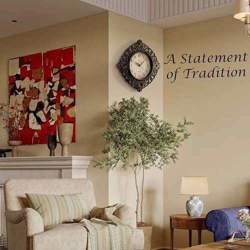 Clockswise 11" Classic Round Decorative Hanging Wall Clock with Ornate Floral Scroll Frame in Vintage Distressed Finish for Home Entryway Living Room Bedroom Kitchen Office Hotel & Restaurant, Brown