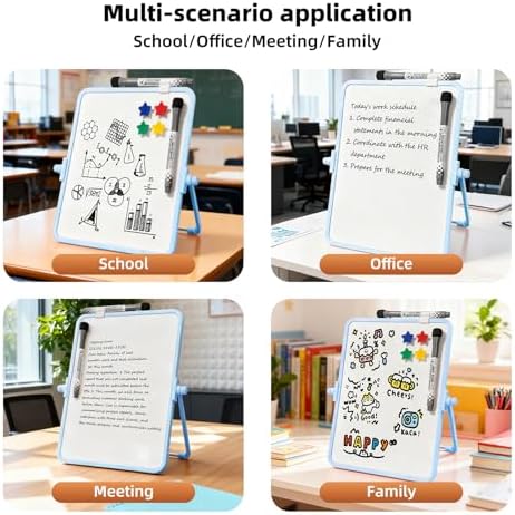 Colorful Dry Erase White Board 8.3x11in, Magnetic Desktop Board with Stand, 2 Markers (Eraser Head), 4 Magnets - Double-Sided Easel for Daily Planning, Memo, Office/Home/School (Blue)