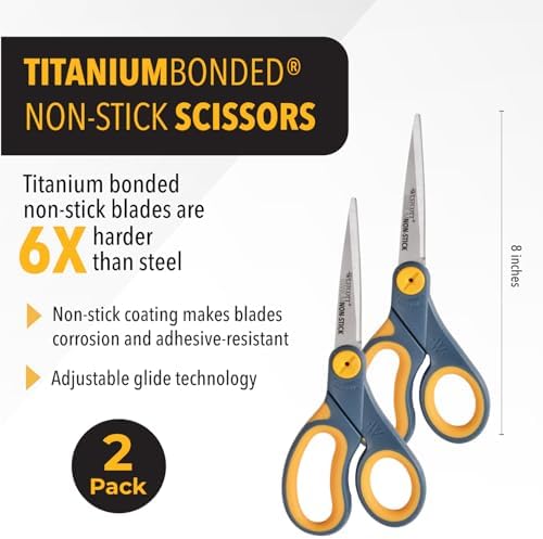 Westcott 8-Inch Non-Stick Titanium Scissors For Office and Home - Glide Adjust Technology - Grey/Yellow Craft, Fabric Scissors - 2 Pack