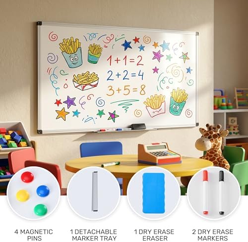 Simple Deluxe Magnetic Dry Erase Board 48" x 32" Whiteboard, 1 Dry Eraser & 2 Multicolor Markers & 4 Magnetic Pins, Silver Reinforced Aluminum Frame for Home, School, Office