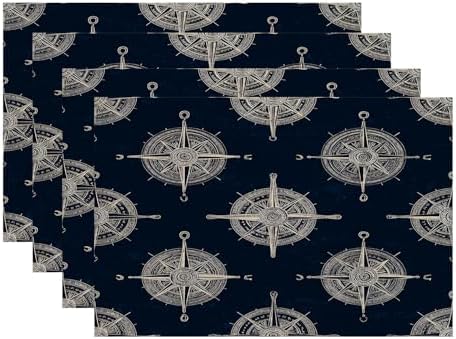 Batmerry Maritime Sailing Linen Placemats Set of 4, Oceanic Nautical Emblem Washable Table Mats for Kitchen Table Thickened Heat Insulation Dining Set Indoor Outdoor 12X18 in