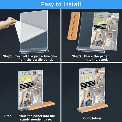 Kersally Acrylic Sign Holder 8.5 x 11, 4 Pack Double-Sided Clear Vertical Table Display Stands with Wood Base,Acrylic Frame Menu Flyer Paper Holder for Stores, Restaurants, Hotels, Office, Show Fair