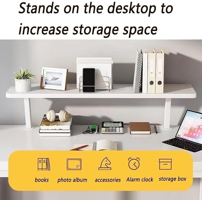 31.5x7.8in Clamp on Desk Shelf, Adjustable Desktop Organizer Extension Bookshelf Above Storage Rack Accessories for Home Office Organization White
