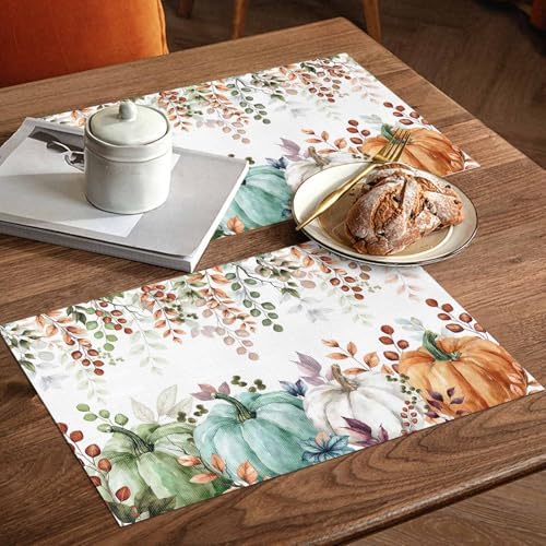 Fall Thanksgiving Placemat, Autumn Pumpkins Eucalyptus Leaves Heat Resistant Washable Dining Table Mats Fall Holiday Farmhouse Decor for Kitchen&Linens Outdoor Indoor, Blue Sage Green Orange