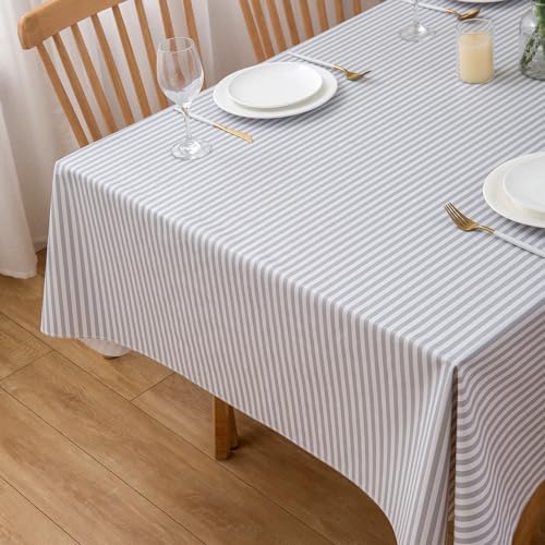 LIBERECOO Vinyl Tablecloth with Flannel Backing,Gery Stripe 60 x 84 Inch Rectangluar Tablecloths Stain-Resistant Waterproof Plastic Table Cover for Indoor/Outdoor