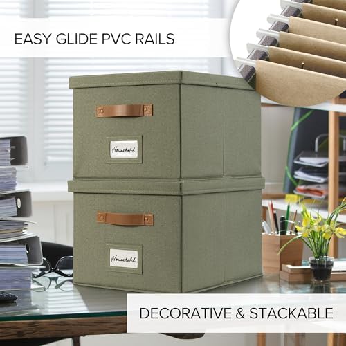 Decorative File Organizer Box Set of 2 - Collapsible Linen Filing Cabinets | Stores Documents and Hanging File Folders - Portable Office Crates with Lid and Handles for Easy Slide Access