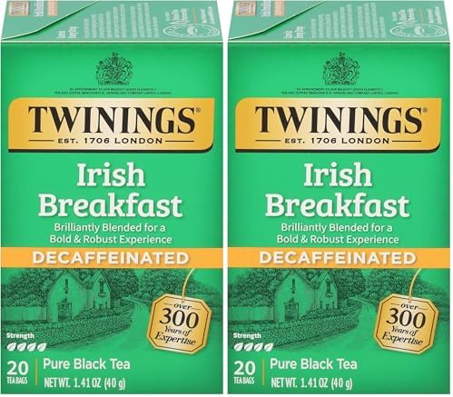 Twinings Irish Breakfast Tea, Decaf Tea Bags, Strong and Distinctive Black Decaffeinated Tea, 20 Individually Wrapped Tea Bags (Pack of 2)