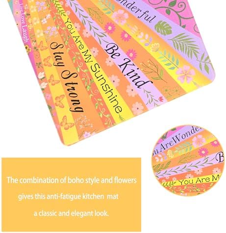 Boho Kitchen Mats for Floor Floral Cushioned Anti Fatigue Mats for Kitchen Floor for Sink, Stove, Desk, Laundry,17"x30"+17"x47", Orange