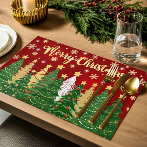 Christmas Placemats Set of 4, Merry Christmas Heat Resistant Washable Dining Table Mats Xmas Holiday Farmhouse Decor for Kitchen&Linens Outdoor Indoor, Gold Star Xmas Tree Snowflakes
