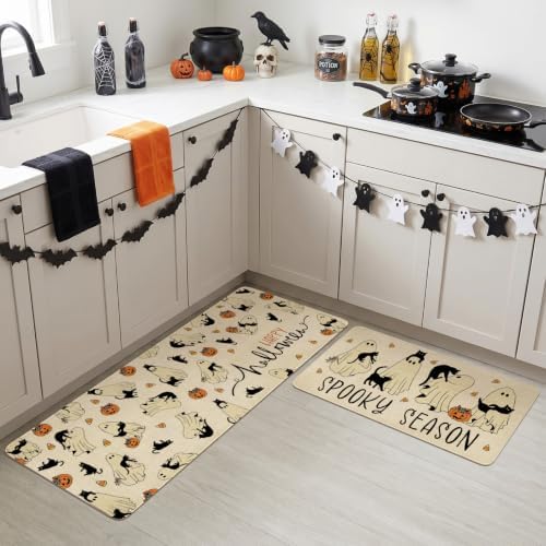 Ghost Black Cat Halloween Kitchen Rugs and Mats Set of 2, (17"x47"+17"x30") Gothic Cute Spooky Season Pumpkin Trick Or Treat Non Skid Washable Runner Rugs for Home Decor Decorations and Accessories