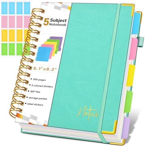 Spiral Notebook Journal with Removable Dividers Tabs, 300 Pages Hardcover Leather 5 Subject College Ruled Notebook, 6.1"x8.2" Large A5 Lined Journal for Women Men Spiral Notebook for Work School,Teal