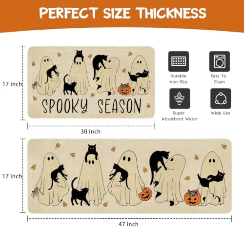 Ghost Black Cat Halloween Kitchen Rugs and Mats Set of 2, (17"x47"+17"x30") Gothic Cute Spooky Season Pumpkin Trick Or Treat Non Skid Washable Runner Rugs for Home Decor Decorations and Accessories