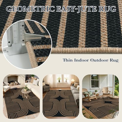 Lahome Modern Geometric 5x7 Outdoor Rug, Easy Jute Black Patio Rug
