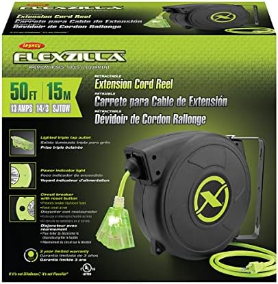 Flexzilla Retractable Extension, 14/3 AWG SJTOW, 50', Grounded Triple Tap Outlet Electric Cord Reel, ZillaGreen, FZ8140503