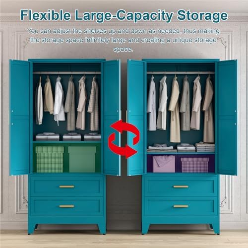 Washsemba 71'' Farmhouse Metal Wardrobe Cabinet with Hanging Rod, 2 Barn Door Wardrobe Closet with Adjustable Shelves,2 Drawer,for Dining Room,Bedroom,Living Room, Cloak Room,Office (Peacock Blue)