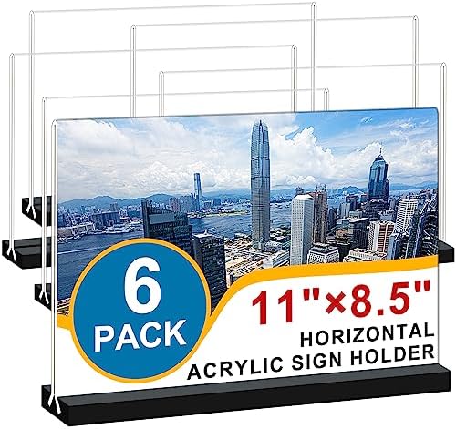 Acrylic Sign Holder 11x8.5 '' Horizontal T-Shaped Clear Double-Sided Table Menu Stands Plastic Picture Frames Display Desktop Display Holders for Wedding Table,Restaurant Signs,Office, Store,6 Pack