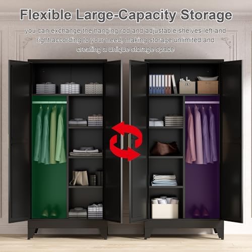 Washsemba 71'' Farmhouse Metal Wardrobe Cabinet with Hanging Rod, 2 Barn Door Wardrobe Closet with 5 Adjustable Shelves,Drawer,for Dining Room,Bedroom,Living Room, Cloak Room,Office (Black)