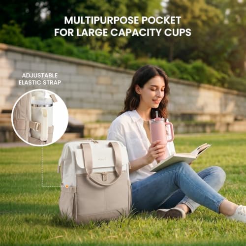 LOVEVOOK Laptop Backpack for Women with Giant Tumbler Holder, 15.6 Inch Work Laptop Bag with USB Port, Fashion Teacher Nurse Backpack Purse, Waterproof Travel Computer Backpack, 2PCS, Beige-Khaki