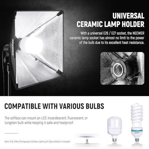 NEEWER 700W Equivalent Softbox Lighting Kit, 3Pack UL Certified 5700K LED Lighting Bulbs, 24x24 inches Softboxes with E26 Socket, Photography Continuous Lighting Kit Photo Studio Equipment