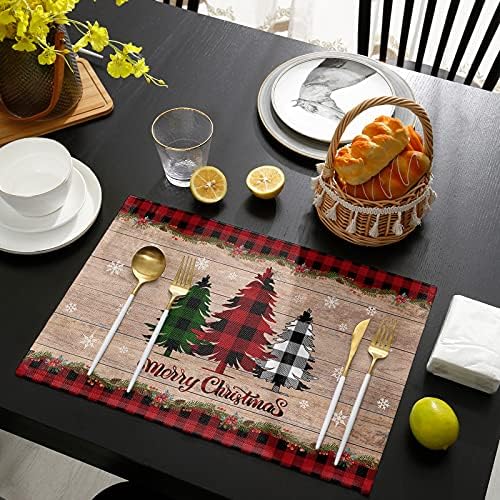 Artwork Store Merry Christmas Placemats Set of 6,Cotton Linen Table Mats Non-Slip Washable Buffalo Plaid Farm Xmas Tree Snowflake Pine Tree Placemat for Holiday Party Dining Kitchen Table Decor