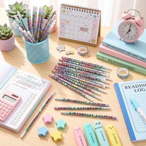 Tenceur 100 Pcs Perfect Attendance Pencils with Erasers Bulk 7.3 Inches Student Incentives Recognition Education Award Prize for Teacher School Classroom Reward Supplies