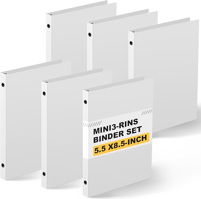 Henoyso 0.5 Inch 6 Pack Mini 3 Ring Binders for 5.5"x8.5" Paper,White | Holds 100 Sheets, Plastic Small Binders, Round Three Rings, Flexible PP Covers, School Office, Photo Album Planner Journal