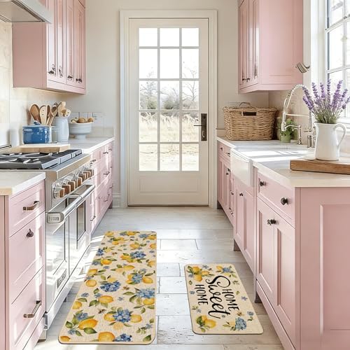 Baccessor Lemon Kitchen Rugs Set of 2, Hydrangea Floral Flowers Kitchen Mats for Spring Summer Floor Hallway Laundry Sink Low-Profile Home Decoration 17x29 and 17x47 Inch
