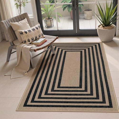 Lahome Modern 3x5 Outdoor Patio Rug, Black Indoor Outdoor Easy Jute Rug